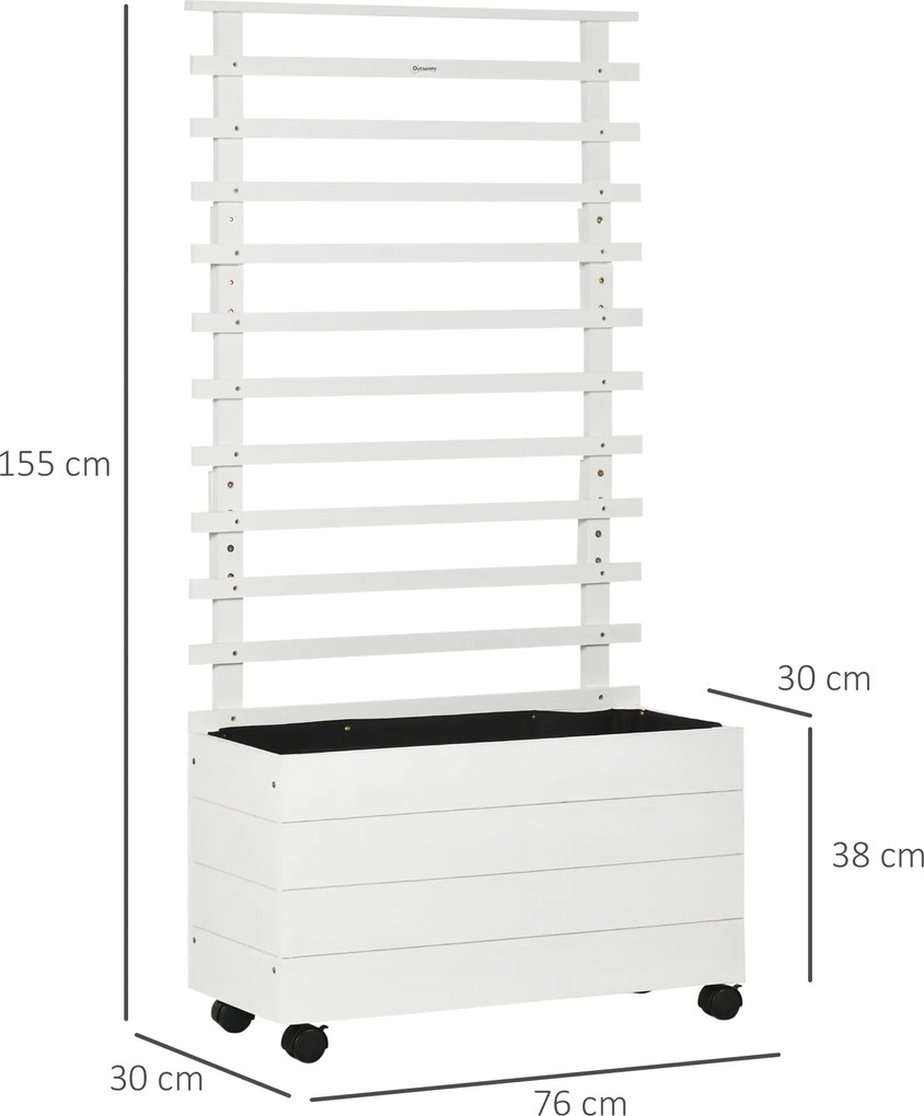 Outsunny Skrzynka na rośliny z pergolą, 4 koła, Drewno naturalne, Wodoodporna powłoka, biała, 76 x 30 x 155 cm