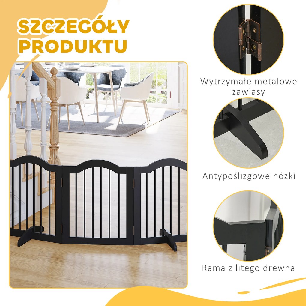 PawHut Bramka ochronna dla psa składana 3-częściowa stabilna MDF czarna 1545x295x61 cm | Aosom PL