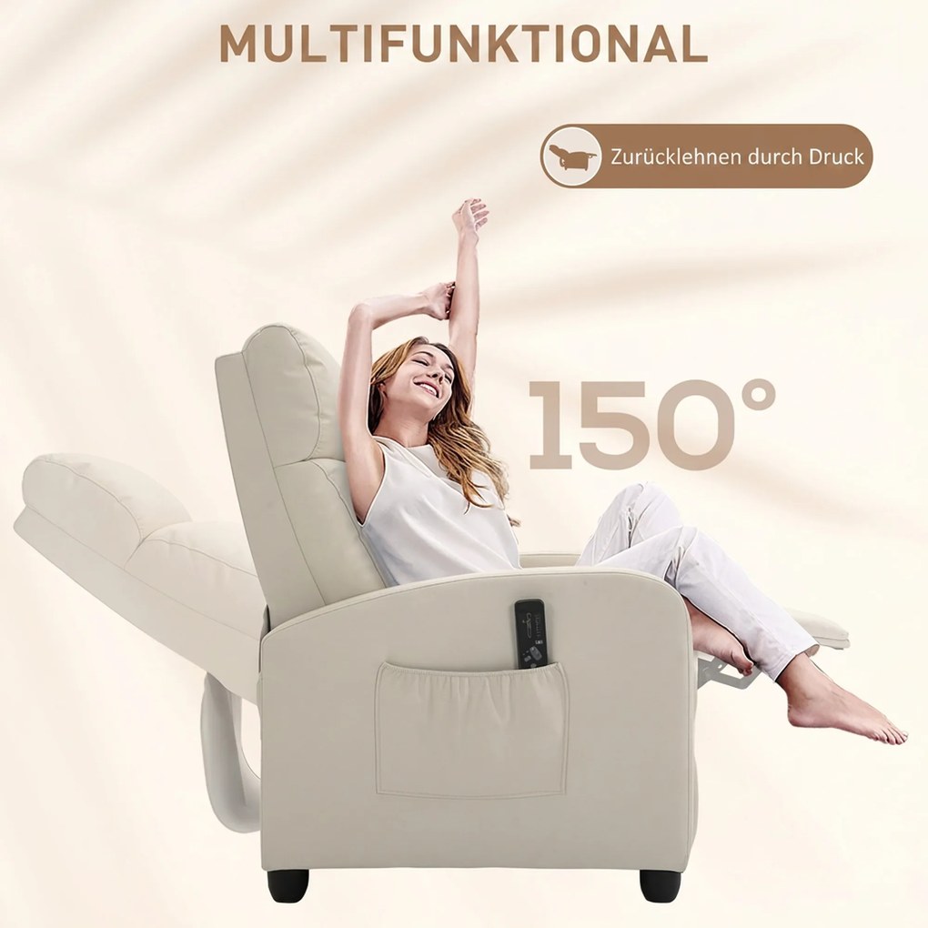 HOMCOM Fotel relaks fotel TV z wibracyjnym masażem, funkcja leżanki, 2 punkty masażu, pilot, 68 x 88 x 98 cm kremowy | Aosom PL