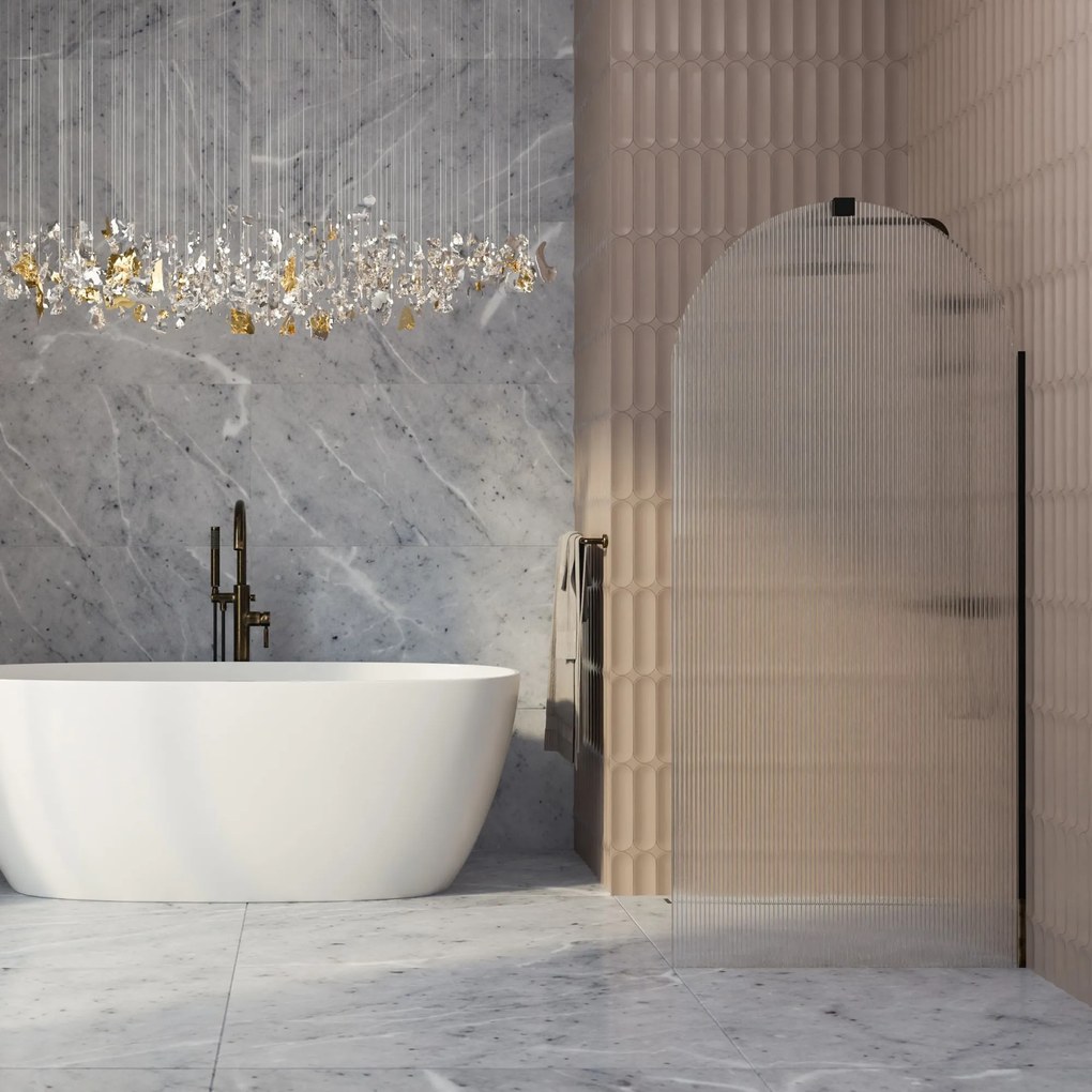 Ścianka prysznicowa WALK IN FIX przezroczysta półokrągła ryflowana 8 mm ARTE WELLE Oval Clear MASSI | Różne rozmiary : Kolor profili kabiny - złoty, Szerokość ścianki - 80 cm, Typ montażu - WALK in FIX (Do ściany)