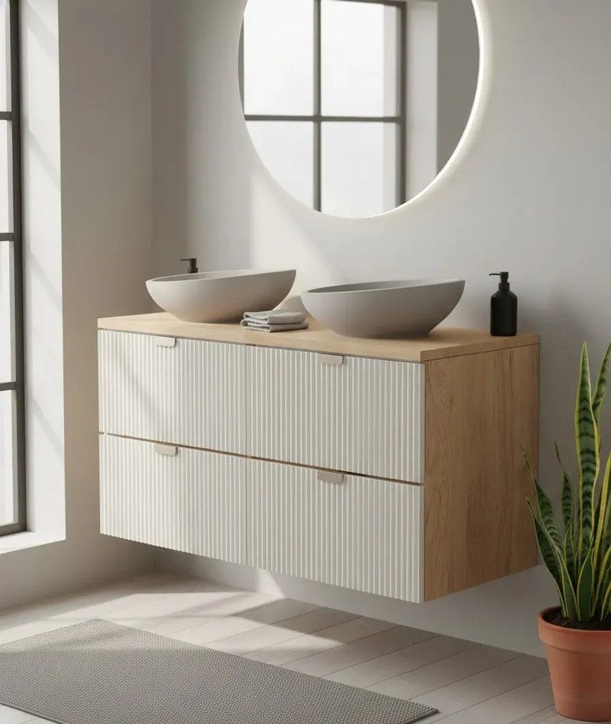 Szeroka szafka wisząca pod umywalkę nablatową kaszmirowy + orzech B0-R58