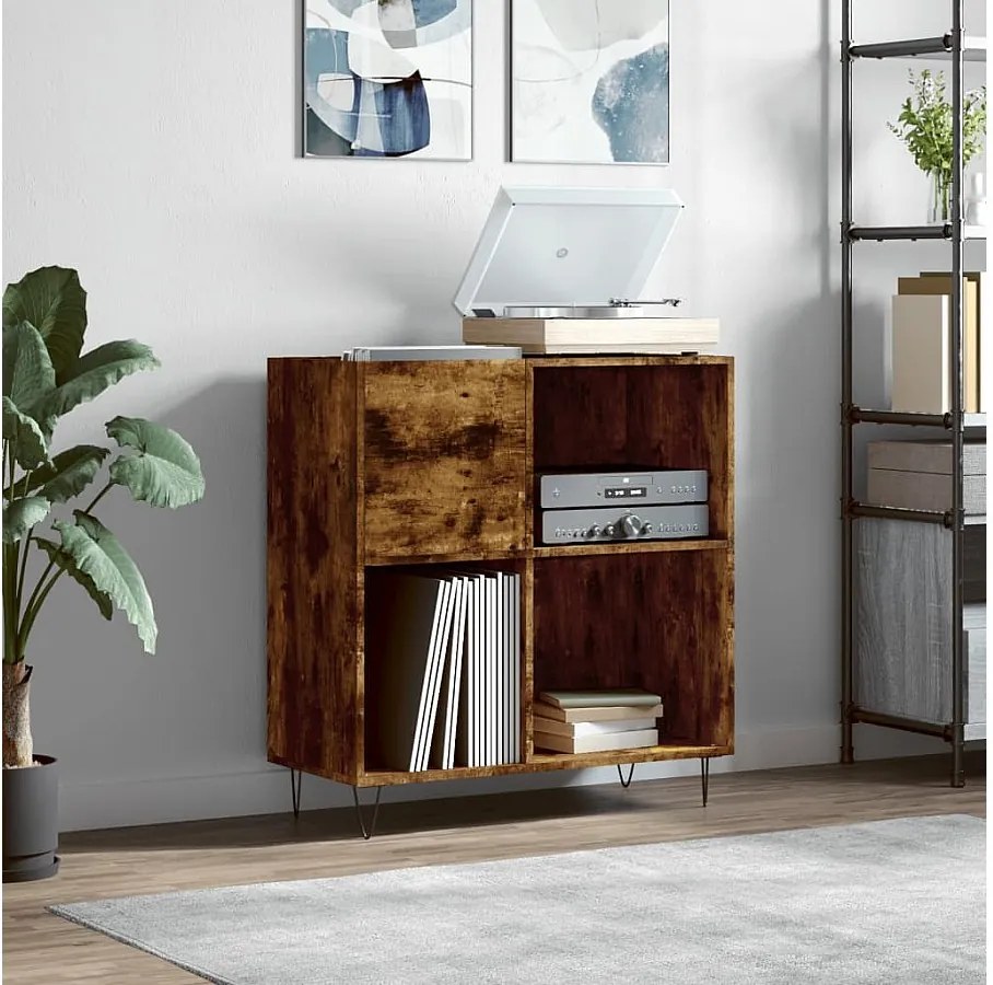 Mebel na płyty z dymionego dębu 84,5x38x89 cm z metalowymi nogami i dużą przestrzenią na winyle