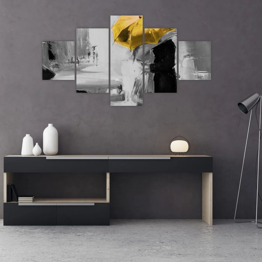 Obraz - Zakochana para pod parasolem, żółty (125x70 cm)
