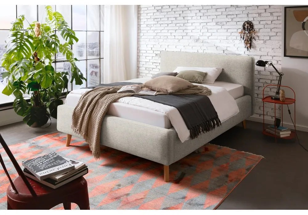 Beżowe tapicerowane łóżko dwuosobowe ze schowkiem ze stelażem 140x200 cm Mattis – Meise Möbel