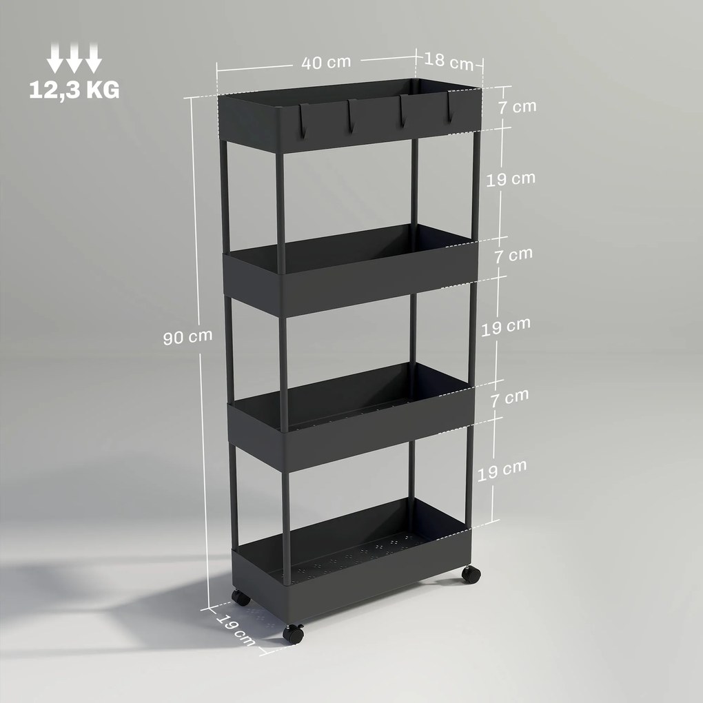 HOMCOM Wózek kuchenny z 4 półkami, 4 elastycznymi hakami, 4 kółkami, 40 cm x 19 cm x 90 cm, Wózek do niewielkich przestrzeni, Czarny