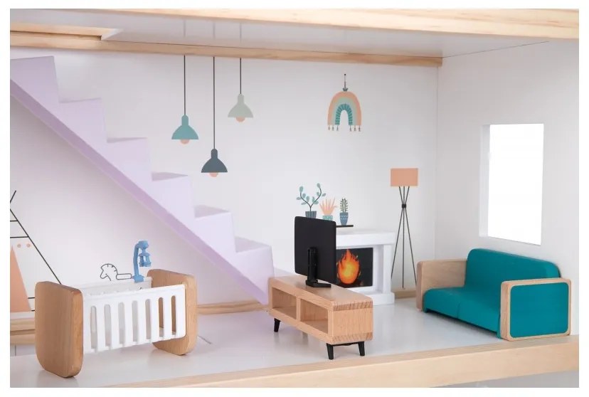 Tooky toy duży drewniany domek dla lalek + figurki fsc