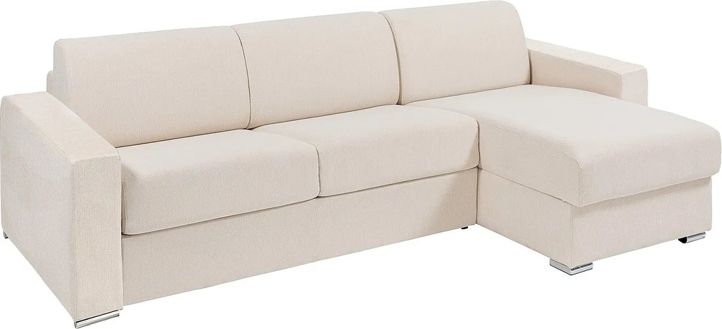 Kanapa narożna rozkładana dwukierunkowa z beżowej tkaniny - Szeroki stelaż listwowy 140 cm - Materac 22 cm z pianką z pamięcią kształtu - CALITO