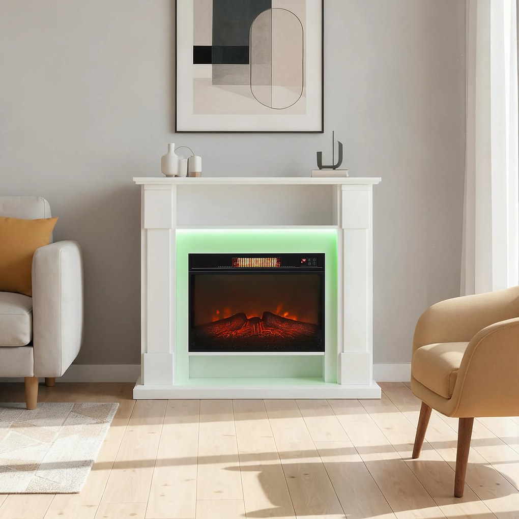 HOMCOM Kominek elektryczny z oświetleniem LED, realistyczny efekt płomieni, 1800W, półka nad kominkiem, 2 piloty, szkło, biały
