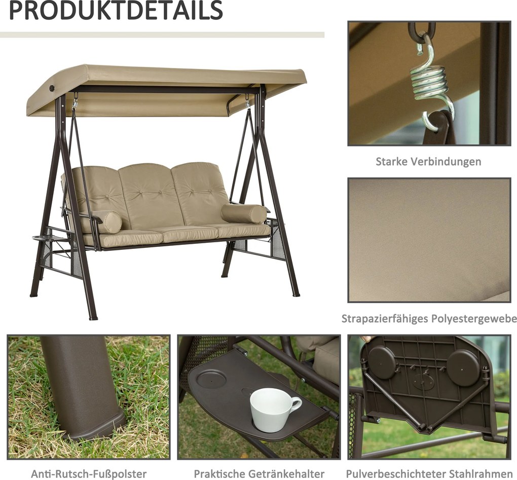 Outsunny huśtawka ogrodowa 3osobowa z daszkiem przeciwsłonecznym poduszka metal poliester khaki 116x206x183cm | Aosom PL