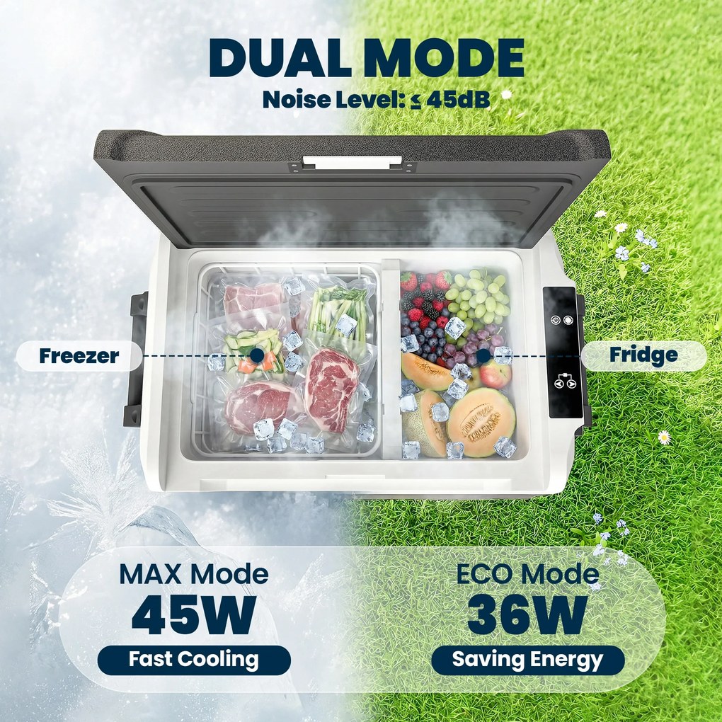 Outsunny Lodówka kompresorowa 50L -20℃ do 20℃ z aplikacją, LED, ochroną baterii i składanym uchwytem | Aosom PL