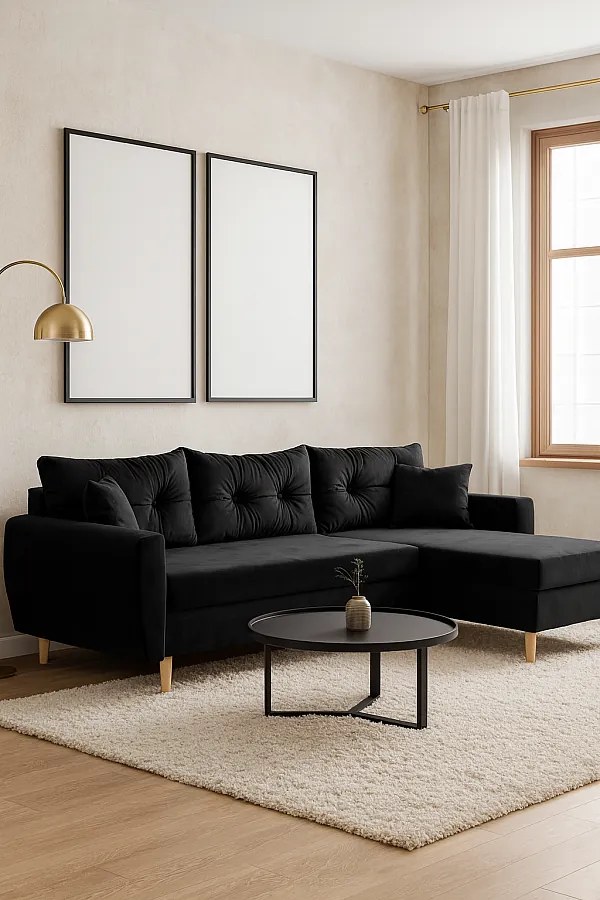 Narożnik z funkcją spania prawostronny  ROMEO L, tkanina Riviera 100 czarna, 234x156x74 cm