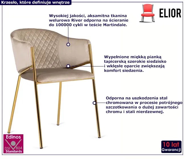 Beżowe welurowe pikowane krzesło glamour na złotych nogach - Narin
