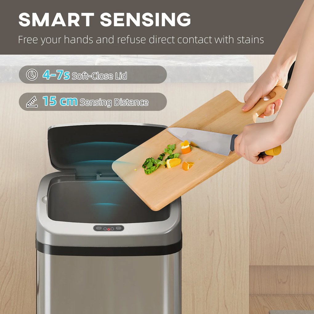 HOMCOM Kosz na śmieci 48 L z czujnikiem do kuchni lub biura, automatyczne zamykanie, stal nierdzewna, srebrny