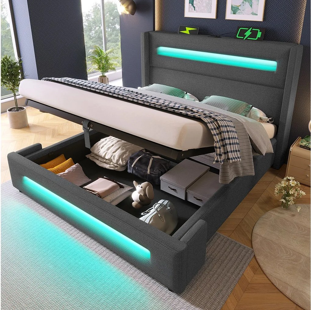 Łóżko 140x200 cm z pojemnikiem – łóżko dla dorosłych z ładowaniem USB i oświetleniem LED – szary len – bez materaca
