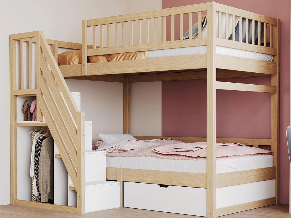 Łóżko piętrowe 90x200cm - z drabinką bezpieczeństwa - z 1 szufladą - z stelażem na listwach - naturalne (materac nie wliczony)