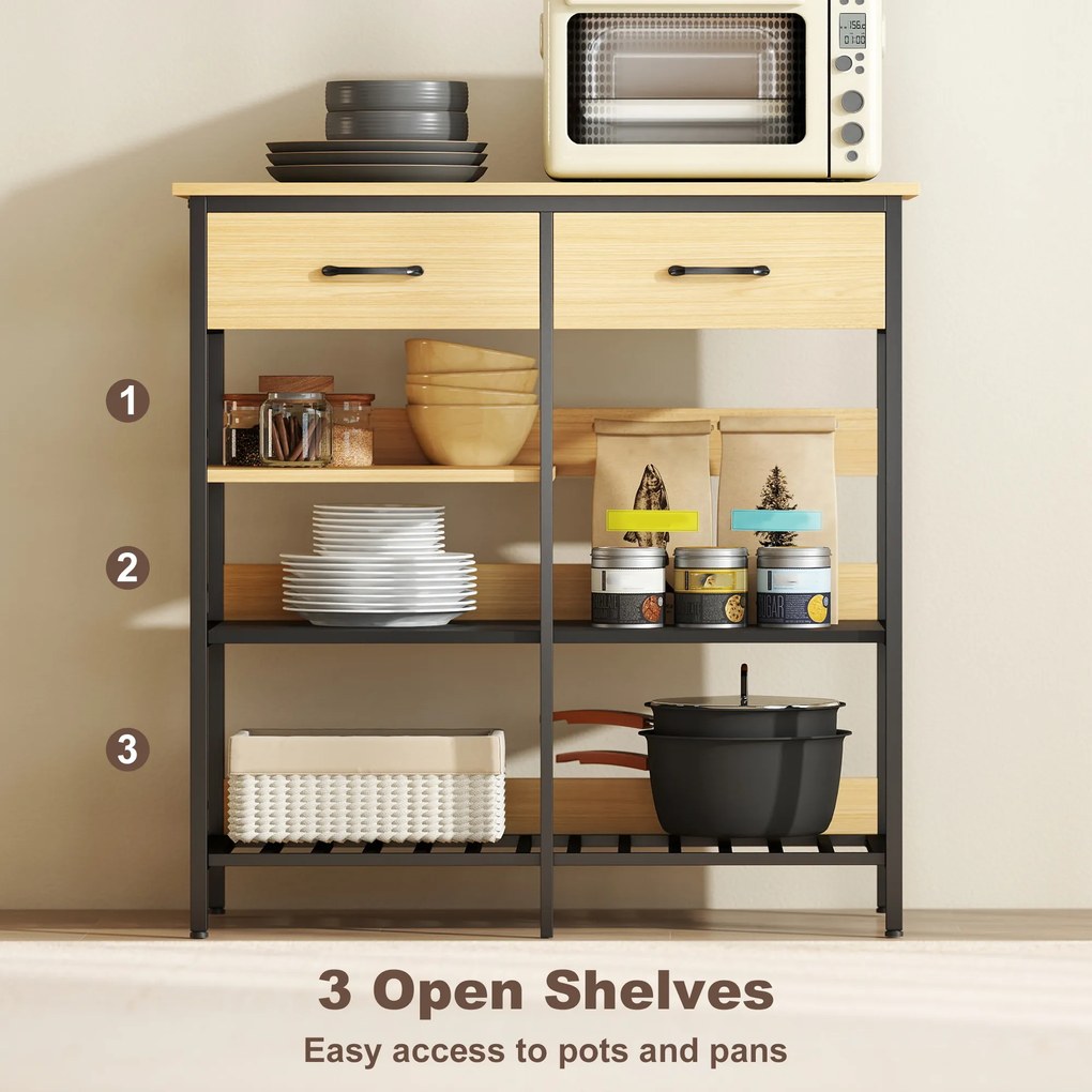 HOMCOM Komoda, komoda z 2 szufladami i 3 otwartymi półkami, szafka kuchenna do kuchni, salonu 90 x 40 x 91 cm, drewno naturalne