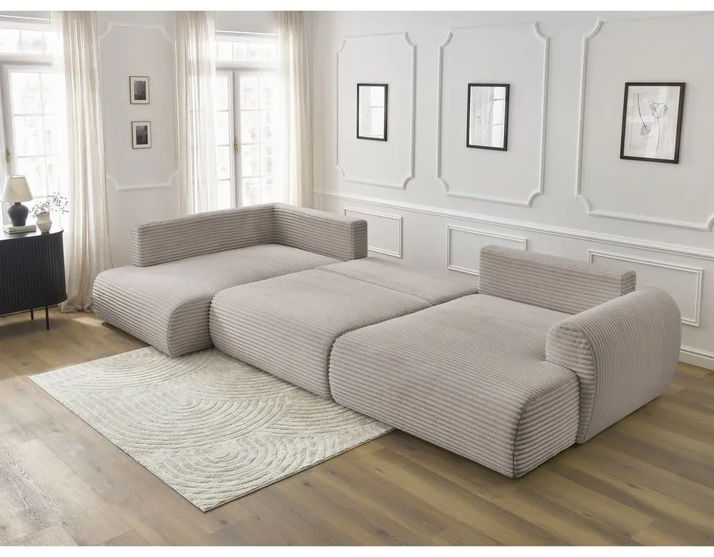 Jasnoszary/beżowy sztruksowy rozkładany/ze schowkiem narożnik (lewostronny/w kształcie litery U) Lucien – Bobochic Paris