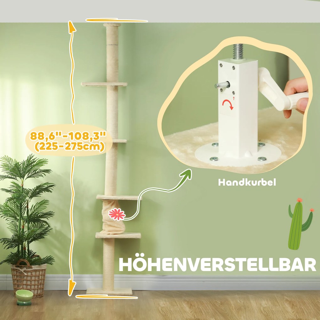 PawHut Drapak z regulowaną wysokością 225-275 cm, stabilna podstawa, zabezpieczenie przed przewróceniem, pokrycie z pluszu, kolor kremowy