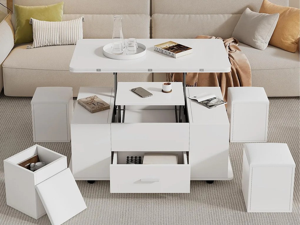 Stół kawowy regulowany na wysokość 100x50x45cm - wielofunkcyjny 4 w 1 - z 1 szufladą - z 4 taboretami - biały