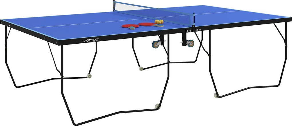 SPORTNOW Stół do Tenisa Stołowego, Składany, 8 Kół, Rama z Malowanej Proszkowo Stali, MDF, 274 x 152,5 x 76 cm, Niebieski