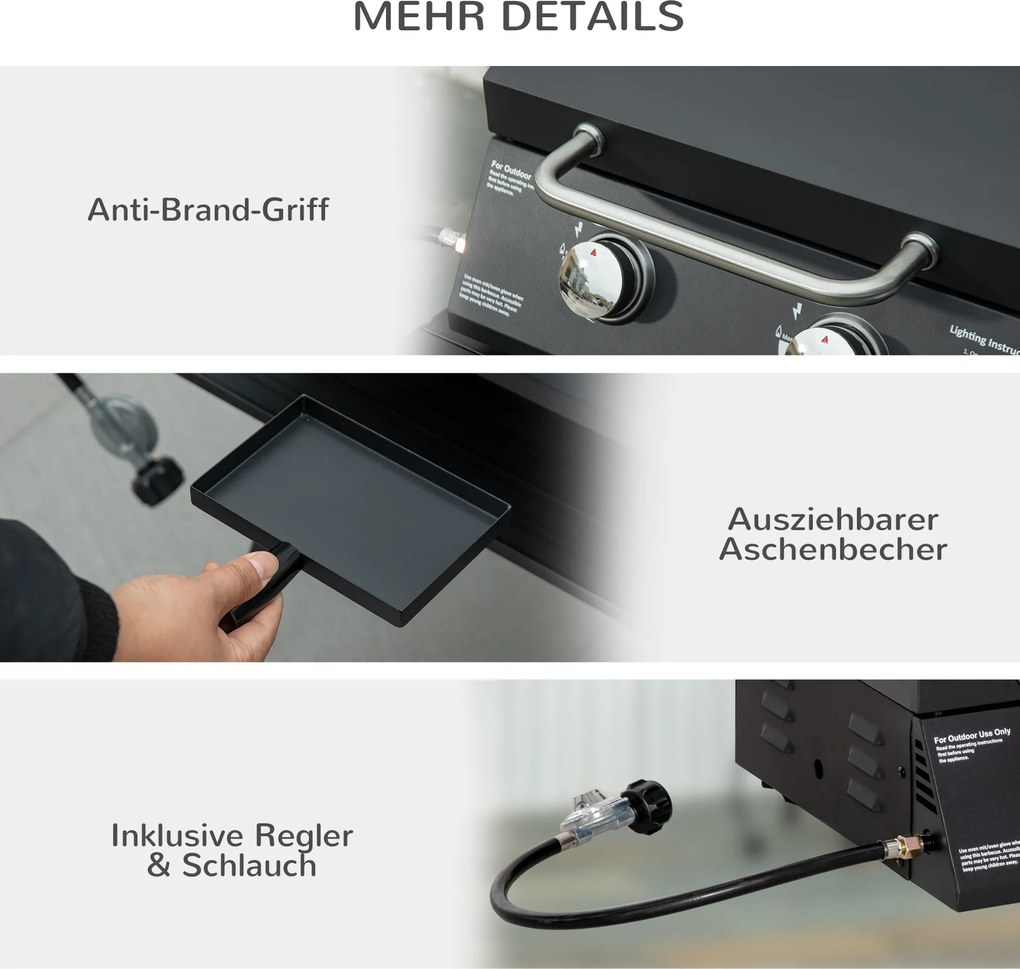 Outsunny mobilny grill gazowy BBQ z 2 palnikami stal węglowa kolor czarny 55 x 46,5 x 41 cm