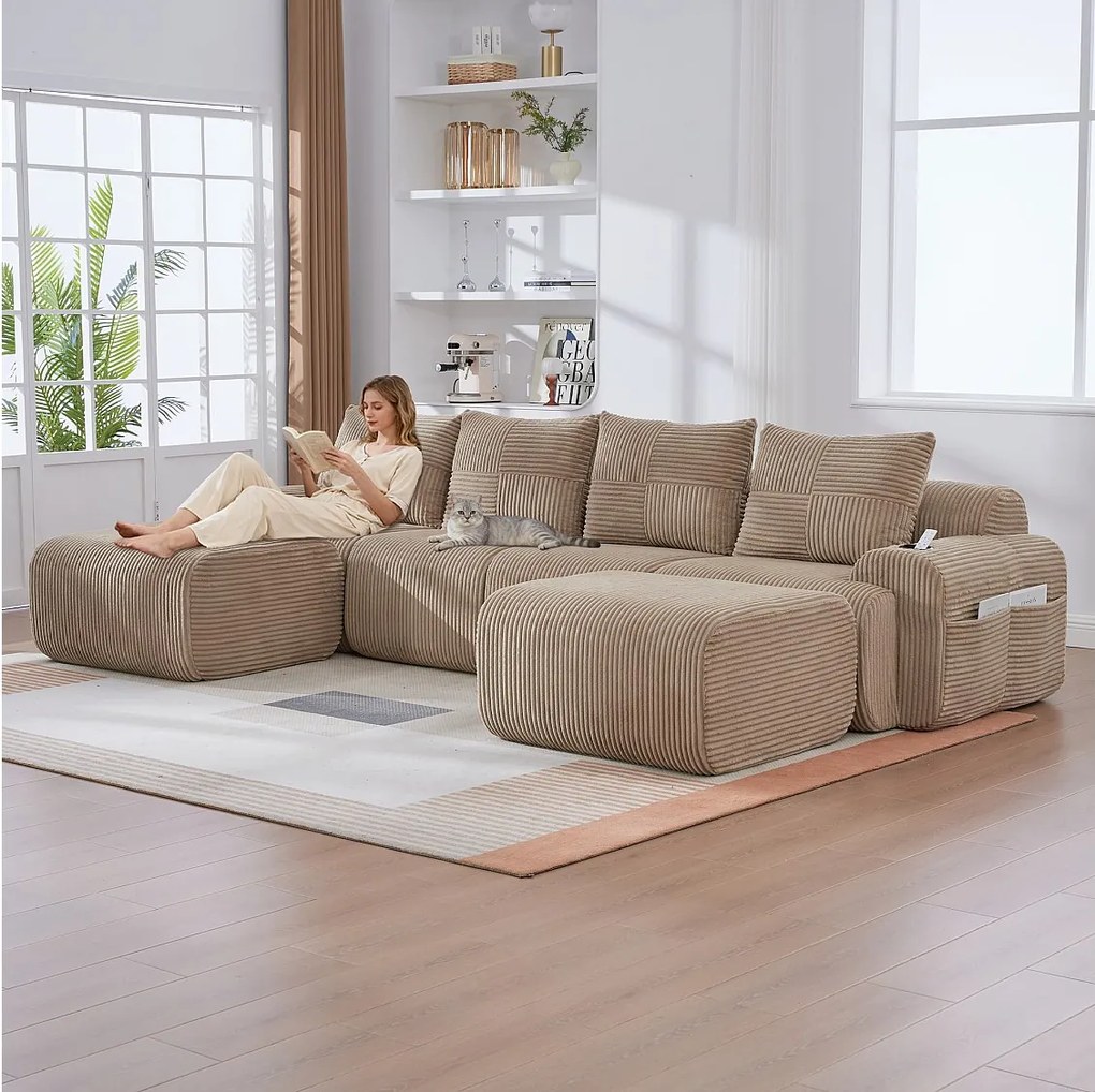 Modułowa sofa 4-osobowa - 333 x 174 x 80 cm - z 2 pufami + uchwytami na kubki + kieszenią do przechowywania - aksamit - khaki