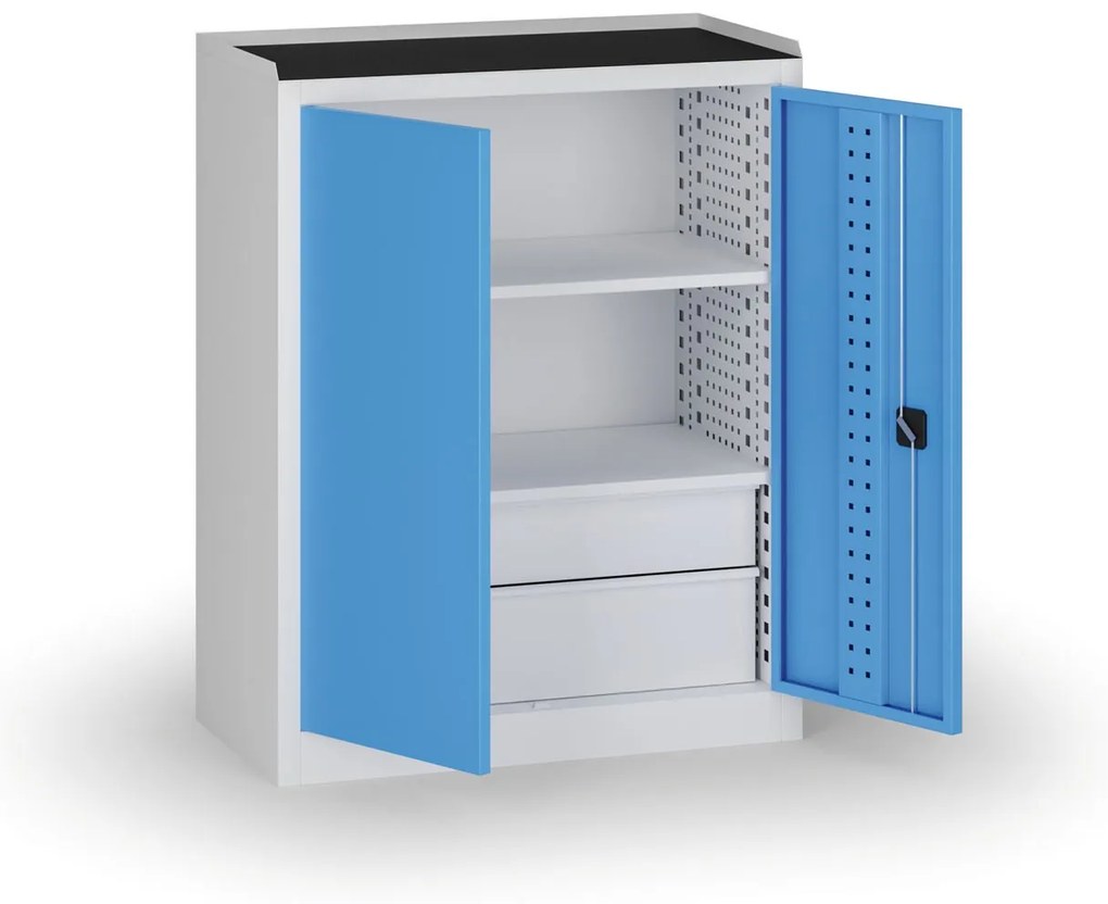 Szafa warsztatowa, 2 półki + 2 szuflady, 1180 × 950 × 500 mm, niebieskie drzwi