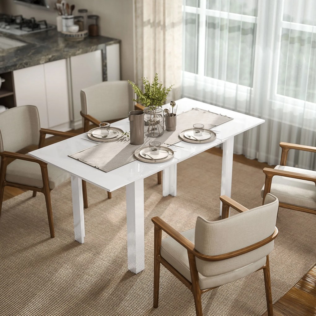 HOMCOM Rozkładany stół jadalniany 120-160 x 70 cm, regulowany stół kuchenny dla 4-6 osób, MDF, biały wysoki połysk