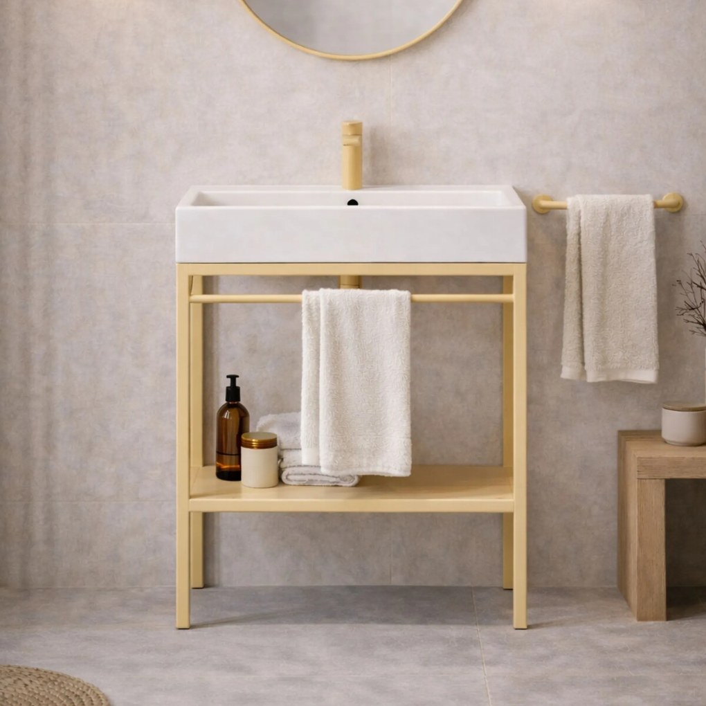 Zestaw umywalka z konglomeratu NAVI 50 x 45 cm + stojąca konsola NAVI Step | Różne kolory | Różne rozmiary : Kolor - Żółty, Otwory na baterię - Jeden otwór, Rozmiar - 70 x 45 cm