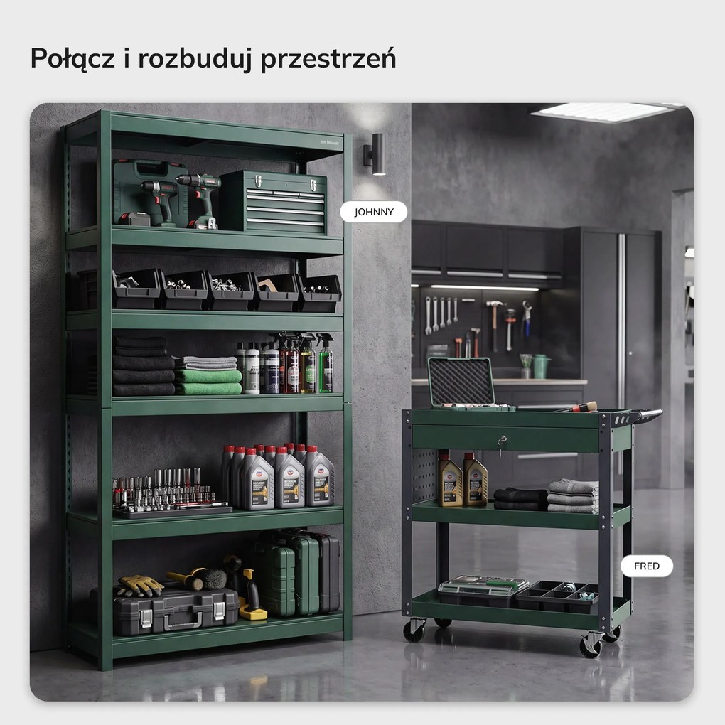 Wózek narzędziowy warsztatowy z szufladą, na kółkach, butelkowa zieleń, 800x800x380 mm: FRED