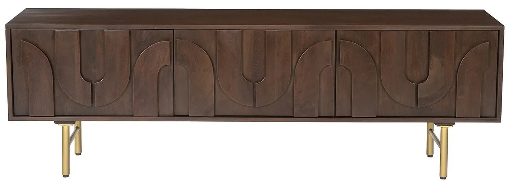 Szafka RTV 3-drzwiowa z drewna mangowca i złotego metalu - Naturalny ciemny - MIZORAM marki Maison Céphy