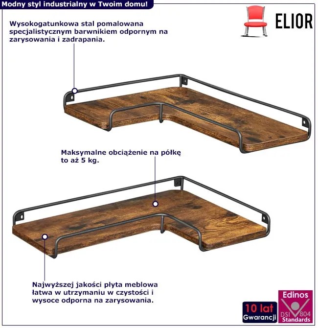 Loftowy zestaw 2 ściennych półek narożnych rustykalny brąz - Eblo
