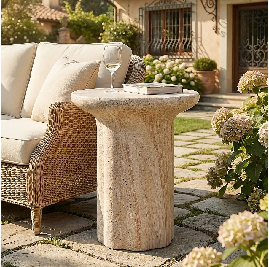 Stolik ogrodowy pomocniczy - 40 x 40 x 46 cm - wygląd trawertynu - lekki i praktyczny - tlenek magnezu - beżowy