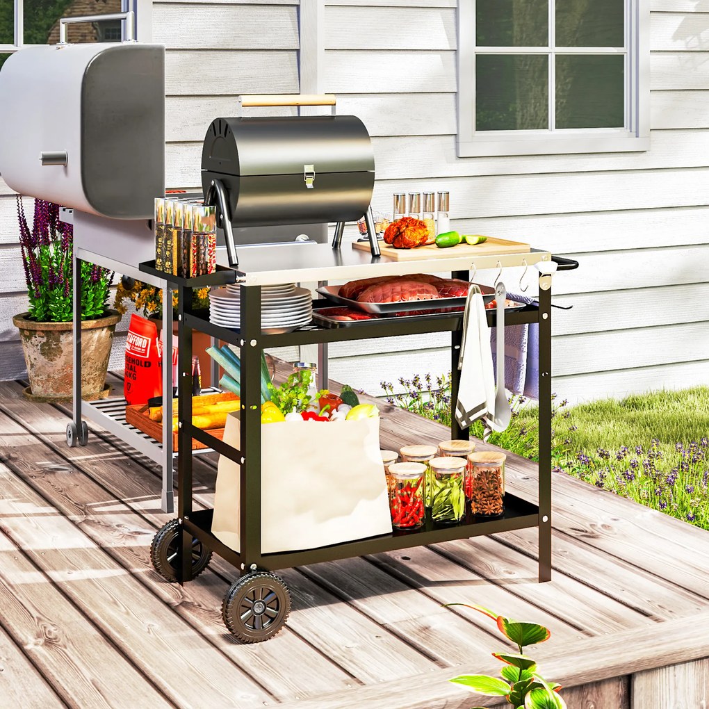 Outsunny Wózek Grillowy 3-Poziomowy z Blatem Roboczym Uchwyty Pokrywa Koła, BBQ Stół Grillowy ze Stali Nierdzewnej 100x52x80cm Czarny