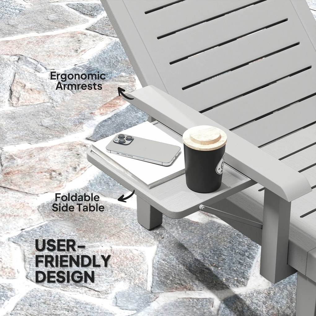 Outsunny Leżanka Ogrodowa z Bocznym Stolikiem i Regulowanym Oparciem, Jasnoszara