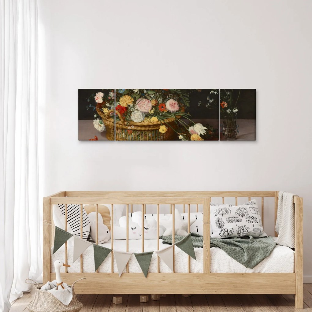 Obraz - Jan Brueghel the Elder, Flowers in a Basket and a Vase, reprodukcje (170x50 cm)