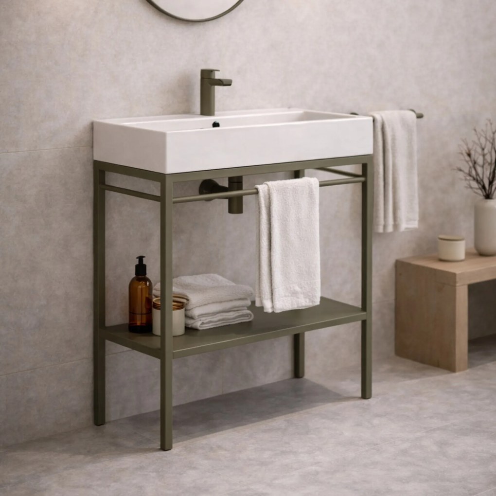 Zestaw umywalka z konglomeratu NAVI 50 x 45 cm + stojąca konsola NAVI Step | Różne kolory | Różne rozmiary : Kolor - Oliwkowy, Otwór na baterię - Dwa otwory, Rozmiar - 100 x 45 cm