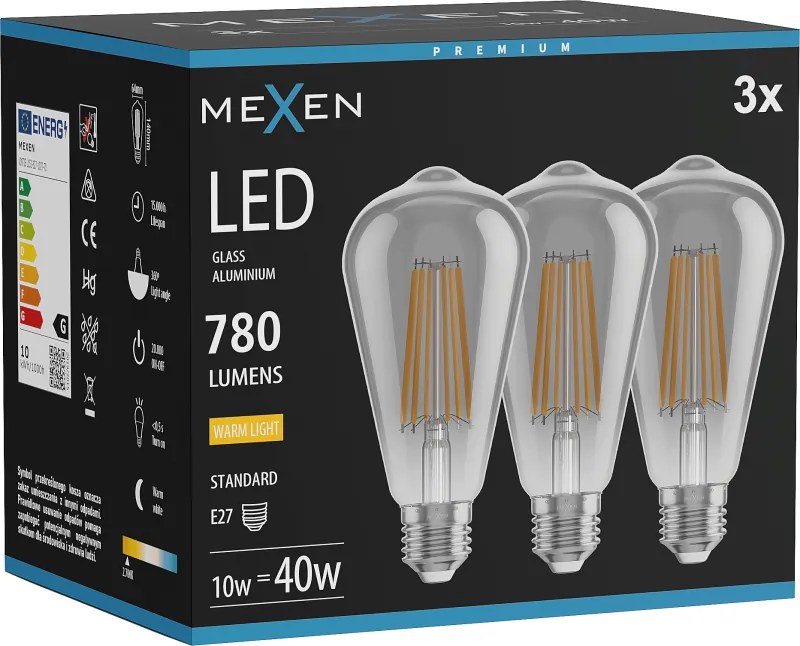 Mexen Vintis 3x żarówka filament LED E27, ST64, 10W, Ciepła - 2700K, 780 lm, smoke - L152-E27-1027-70x03