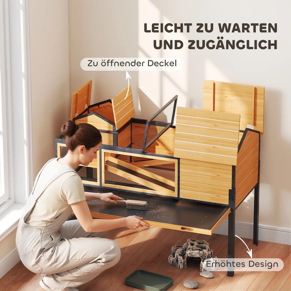 PawHut Domek dla żółwia, wybieg dla małych zwierząt, 2 pomieszczenia, 2 piętra, okna, rampy, akcesoria, drewno, stal, Żółty