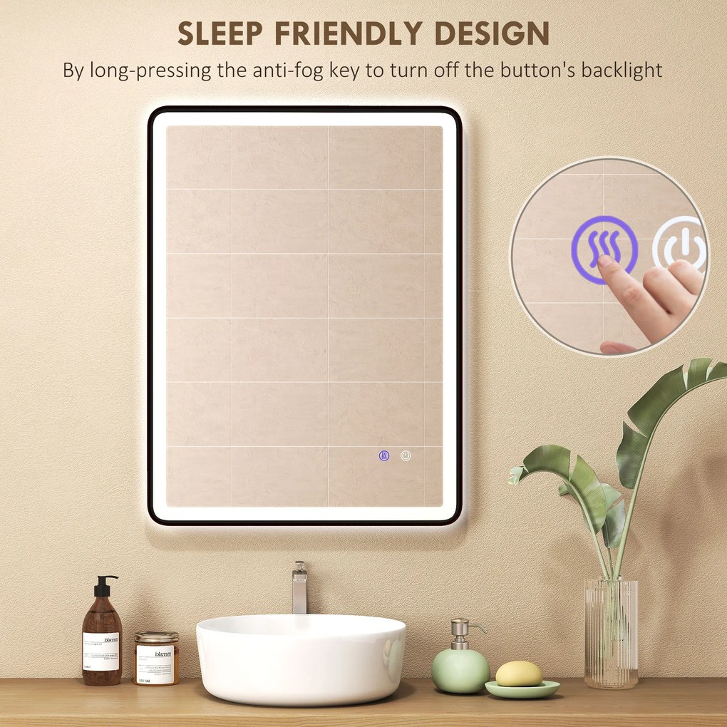 HOMCOM LED Lustro łazienkowe z funkcją przeciwmgielną, lustro do makijażu z oświetleniem, 80 x 60 cm, czarna rama | Aosom PL