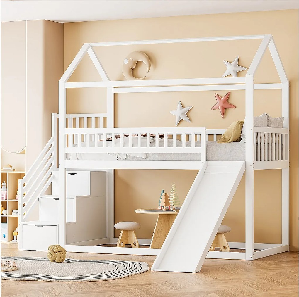Łóżko piętrowe dla dzieci - 90 x 200 cm - ze zjeżdżalnią + drabinka - drewniane - białe