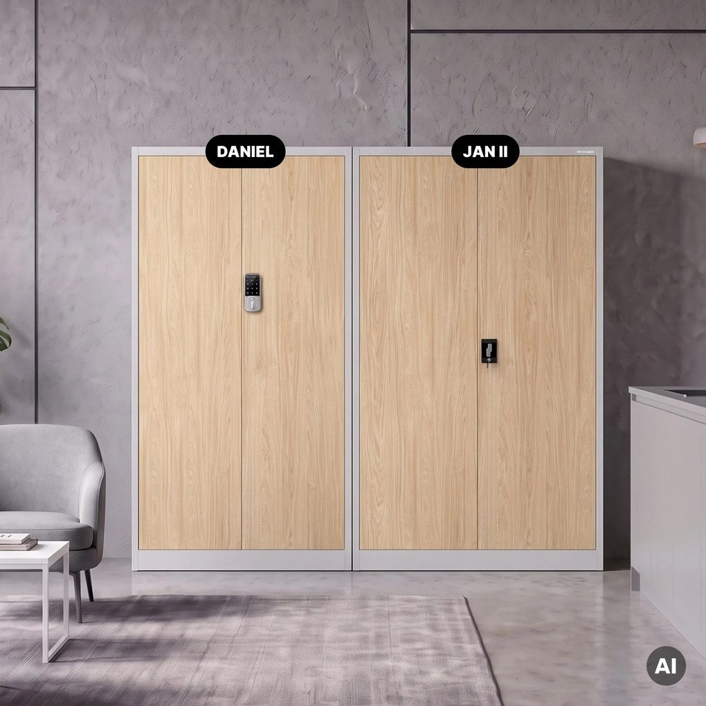 Szafa biurowa metalowa z zamkiem na szyfr szara/dąb sonoma, 900x1850x400 mm: DANIEL Eco Design