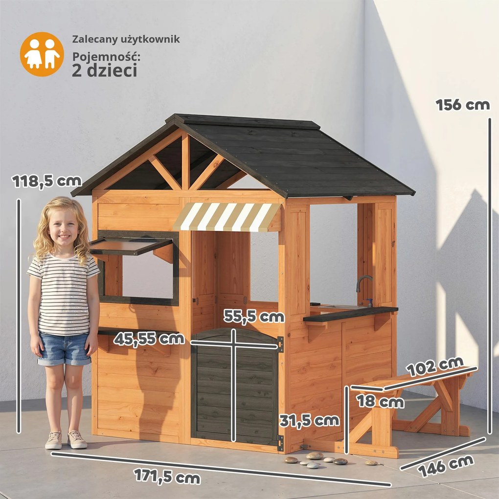 AIYAPLAY Drewniany domek dla dzieci z kuchnią, ławką, okienkami i drzwiami dla dzieci w wieku 3-8 lat, 171,5 x 146 x 156 cm, brązowy | Aosom PL