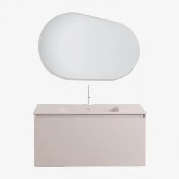 Zestaw Drewnianych Mebli Łazienkowych Macrae Ze Zintegrowaną Umywalką Nature & Owalna Lampa Led I Przeciwmgielna 100x80 - Sklum