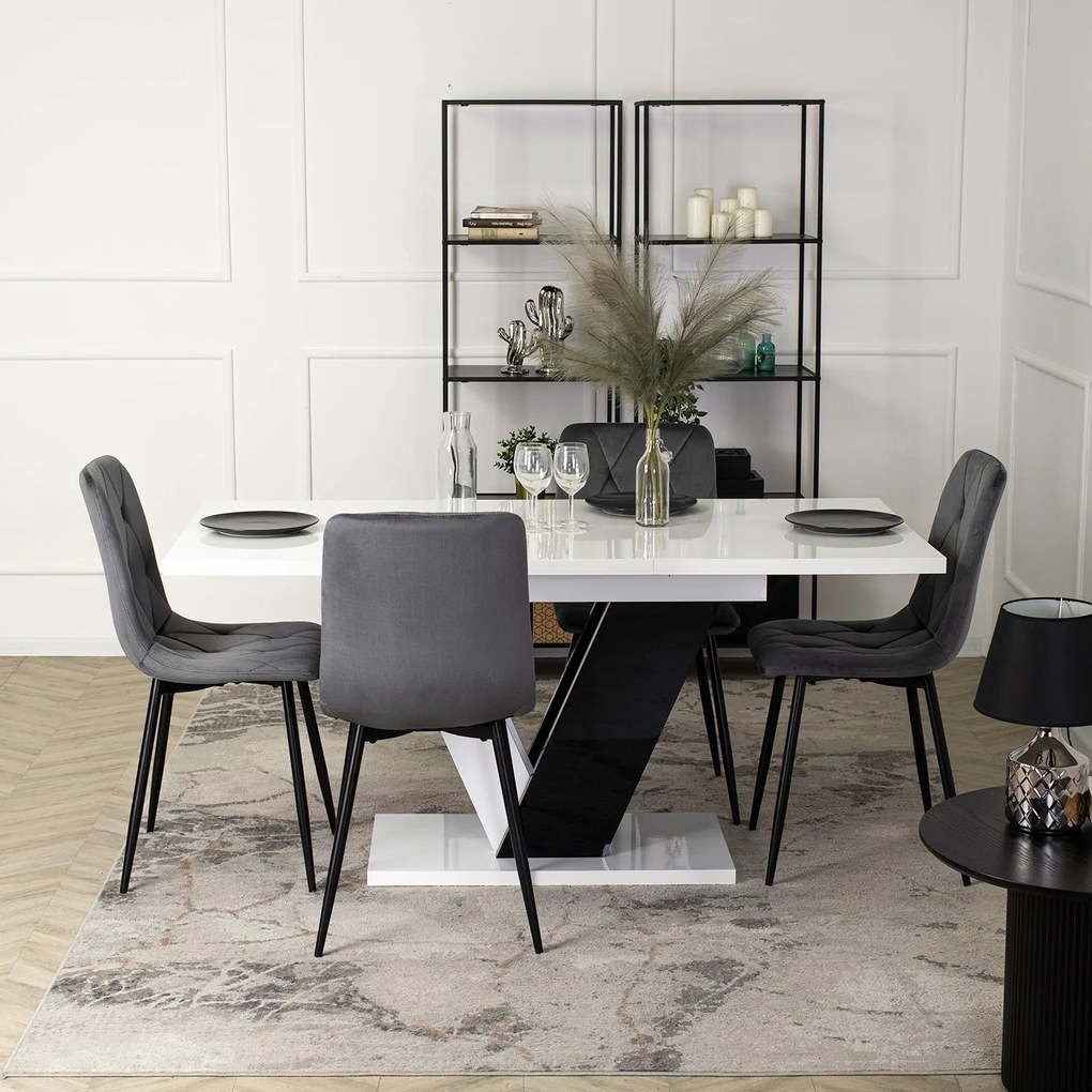 Zestaw Stół Prostokątny Rozkładany CLARK 120-160 cm Czarny/Biały Połysk i 4 Krzesła Tapicerowane do Salonu ROBIN Szare Welurowe