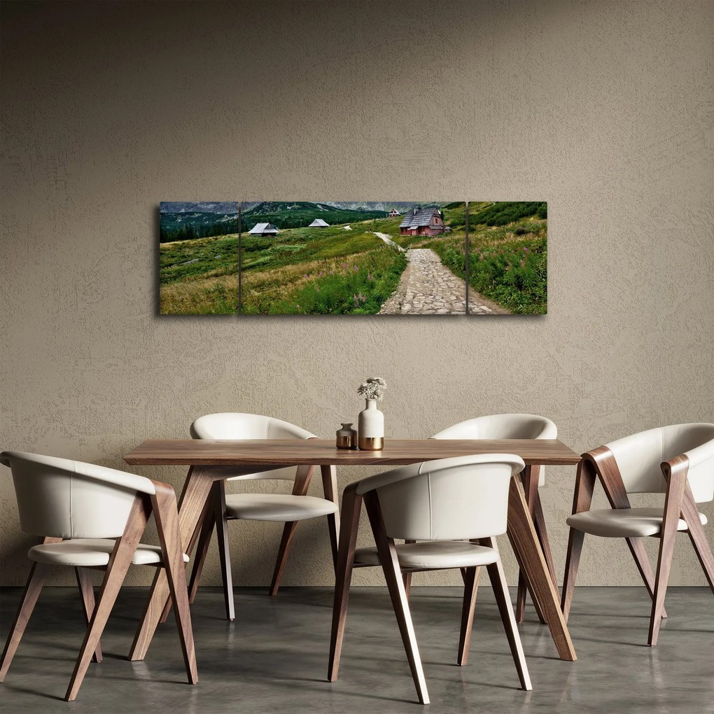 Obraz - Krajobraz górski z domami (170x50 cm)