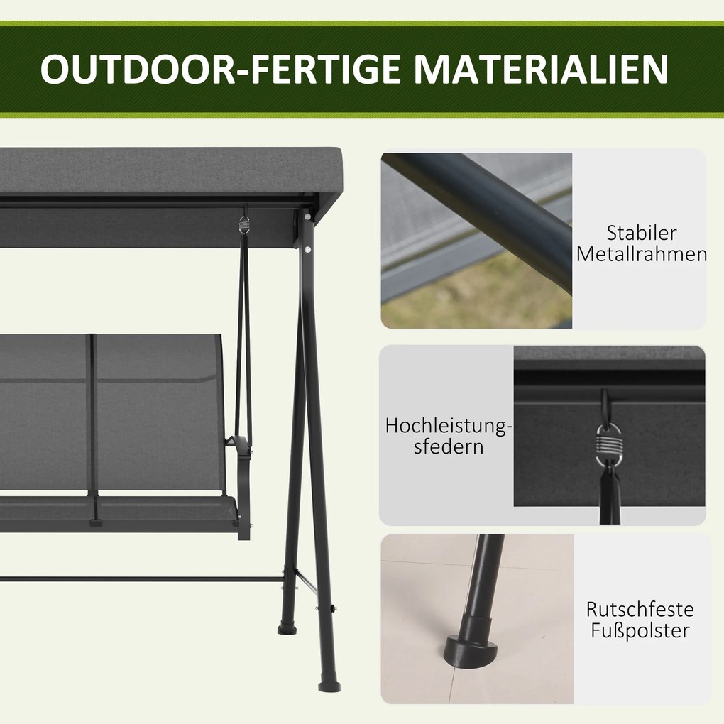 Outsunny Huśtawka Ogrodowa 3-osobowa z Regulowanym Dachem Szara | Aosom PL