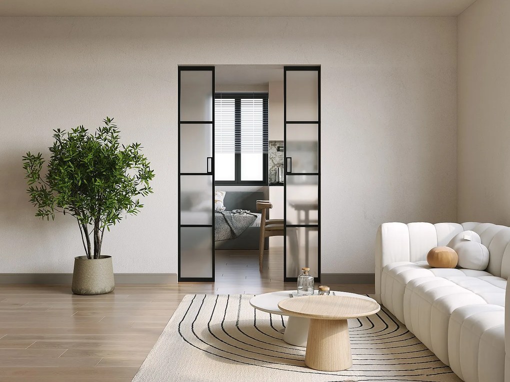 Drzwi przesuwne podwójne chowane w ścianie z aluminium i matowego szkła hartowanego - 2 x wys. 205 x szer. 63 cm - WILDEN II