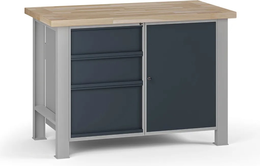 Stół warsztatowy G7, blat bukowy, 1200 x 685 x 840 mm, 1x szafka, 3x szuflada, grafitowy