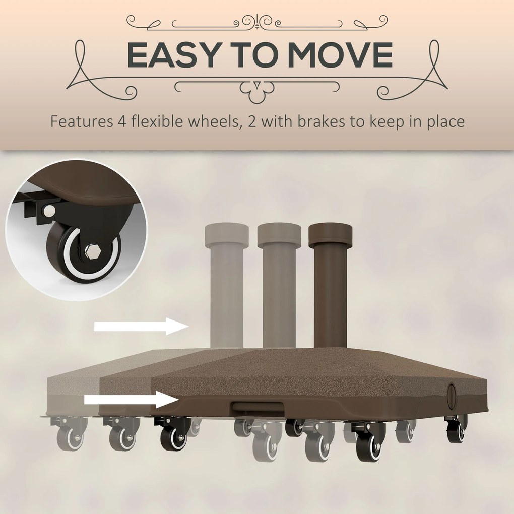 Outsunny Stojak na parasole do 20 kg, wypełniany, kwadratowy stojak z kółkami, dla parasola 22-38 mm, brązowy | Aosom PL